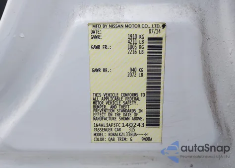 2015 Nissan Altima 2.5 Sv z USA, uszkodzony, nr VIN 1N4AL3AP3FC140243